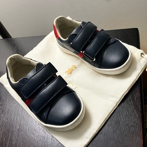 GUCCI ACE LEATHER NAVY BLUE SNEAKER TODDLER SIZE 23 (US SZ 7) UNISEX w POUCH - Picture 2 of 15